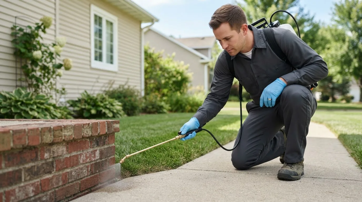 Pest control technician treating a home near Buckingham, VA